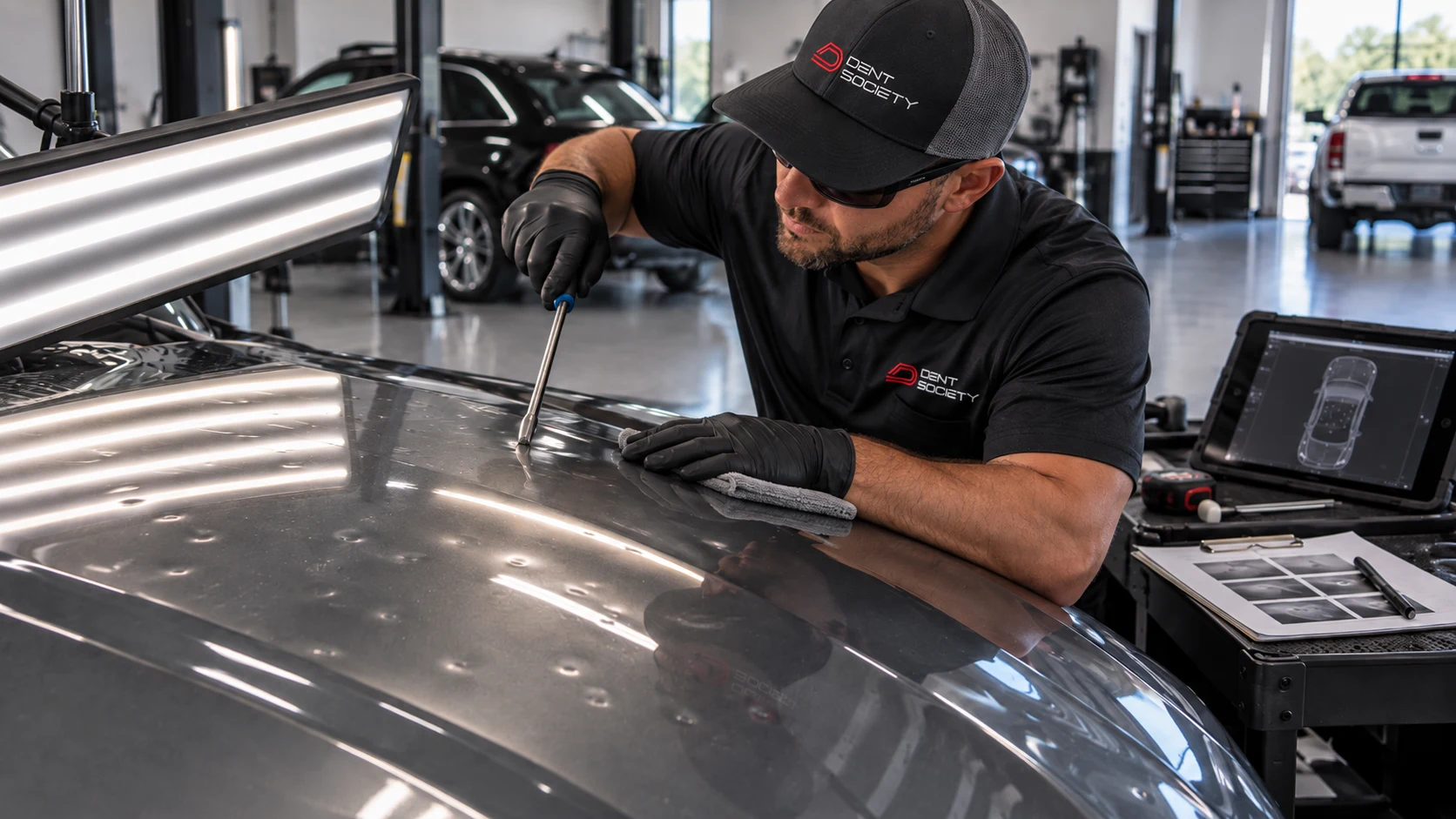 Dent Society technician working on hail dents under reflection lighting