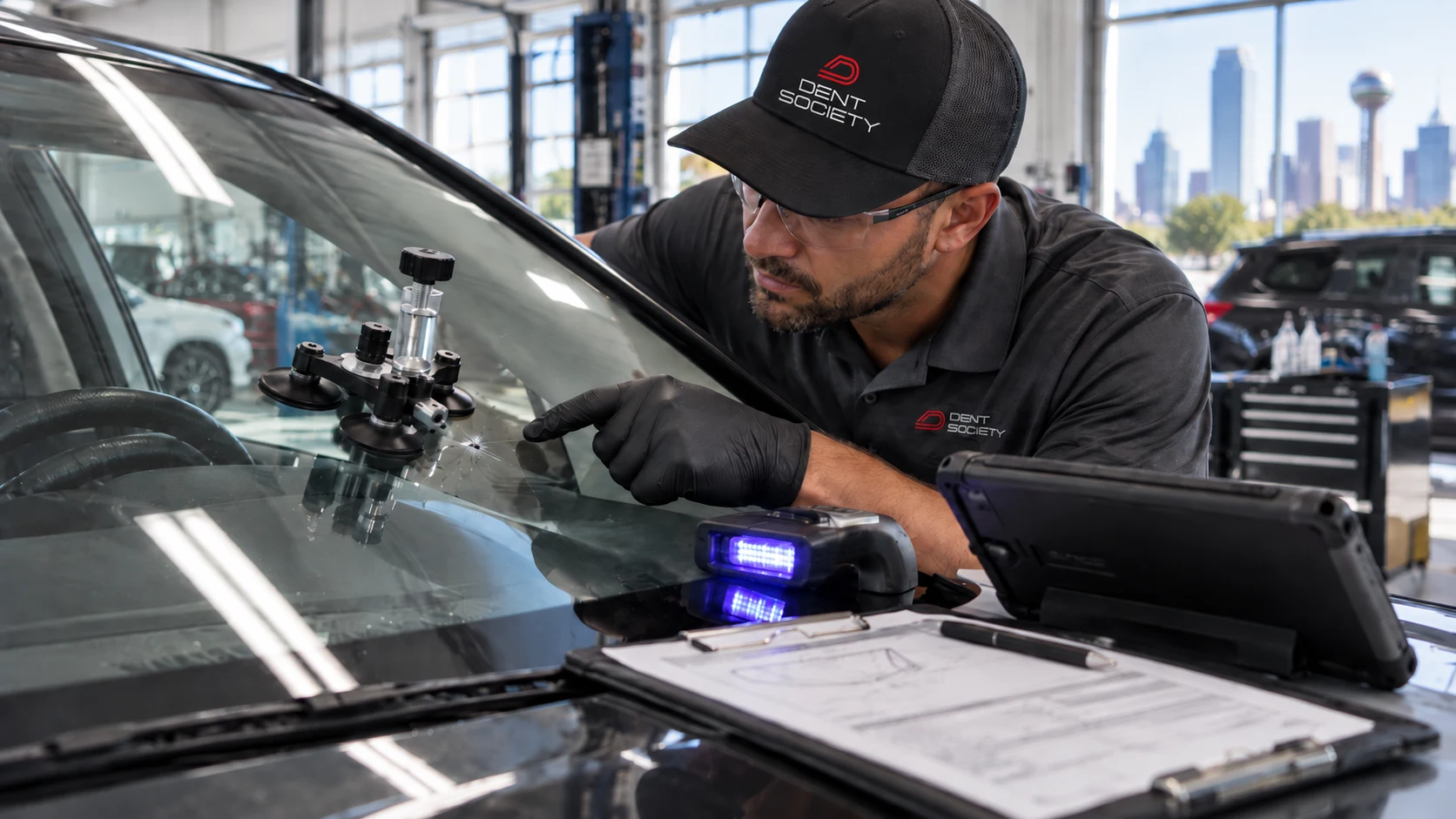 Dent Society technician inspecting a windshield chip with repair equipment
